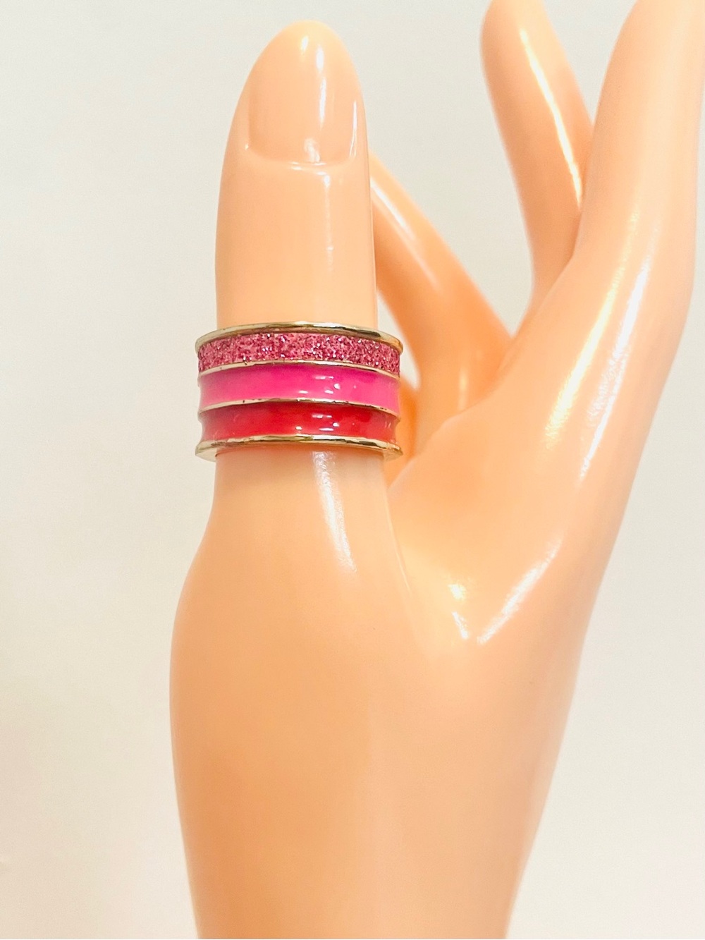 Vintage Triple Stacked Pink Enamel And Glitter Chunky Band Ring